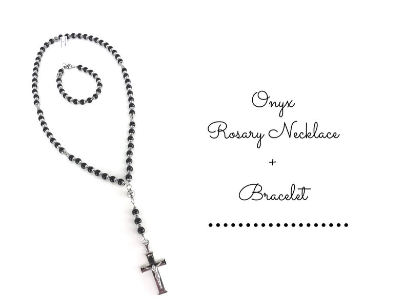 Onyx Rosary Necklace + Bracelet