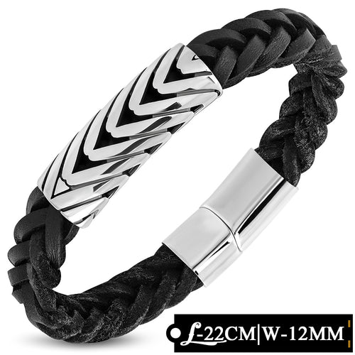 Leather Bracelet - Black Braided Leather Bracelet W/ Stainless Steel Magnetic Slide Clasp Lock