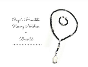 Onyx, Hematite and Swarosky Rosary + Bracelet