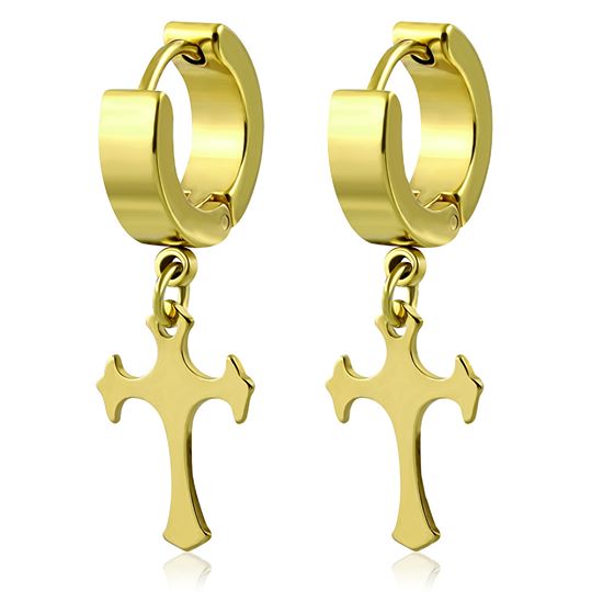 Earrings - Gold Color Plated Stainless Steel Medieval Cross Drop Hoop Huggie (Pair)