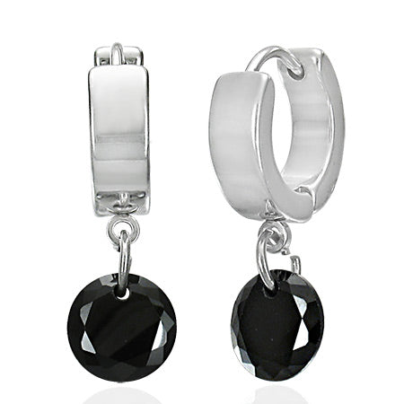 Earrings -  Steel Round Circle Drop Hoop Huggie Earrings W/ Jet Black CZ (Pair)