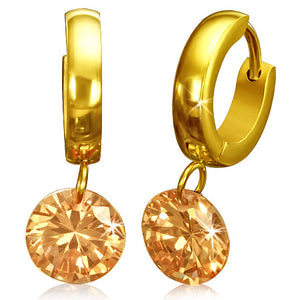 Earrings -  Gold plated Steel Round Circle Drop Hoop Huggie Earrings W/ Jet Champagne Color CZ (Pair)