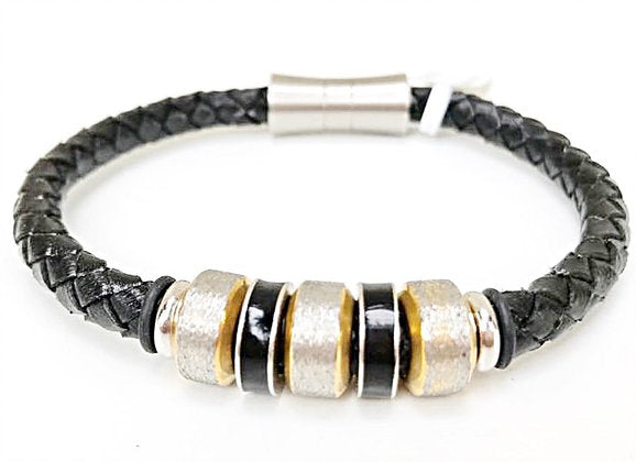 Leather Bracelet - Black Braided Leather W/ Stainless Steel 2-Tone Tube & Magnetic Clasp