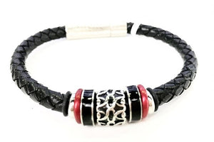 Leather Bracelet - Black Braided Leather W/ Stainless Steel 2-Tone Tube & Magnetic Clasp