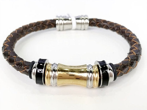 Leather Bracelet - Brown Braided Leather W/ Stainless Steel 2-Tone Tube