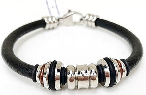 Leather Bracelet - Black Leather W/ Stainless Steel Tube & Lobster Clasp