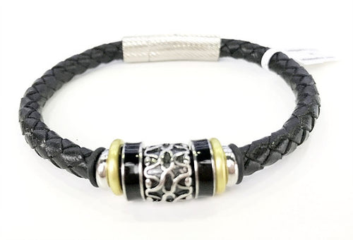 Leather Bracelet - Black Braided Leather  W/ Stainless Steel 2-Tone Tube