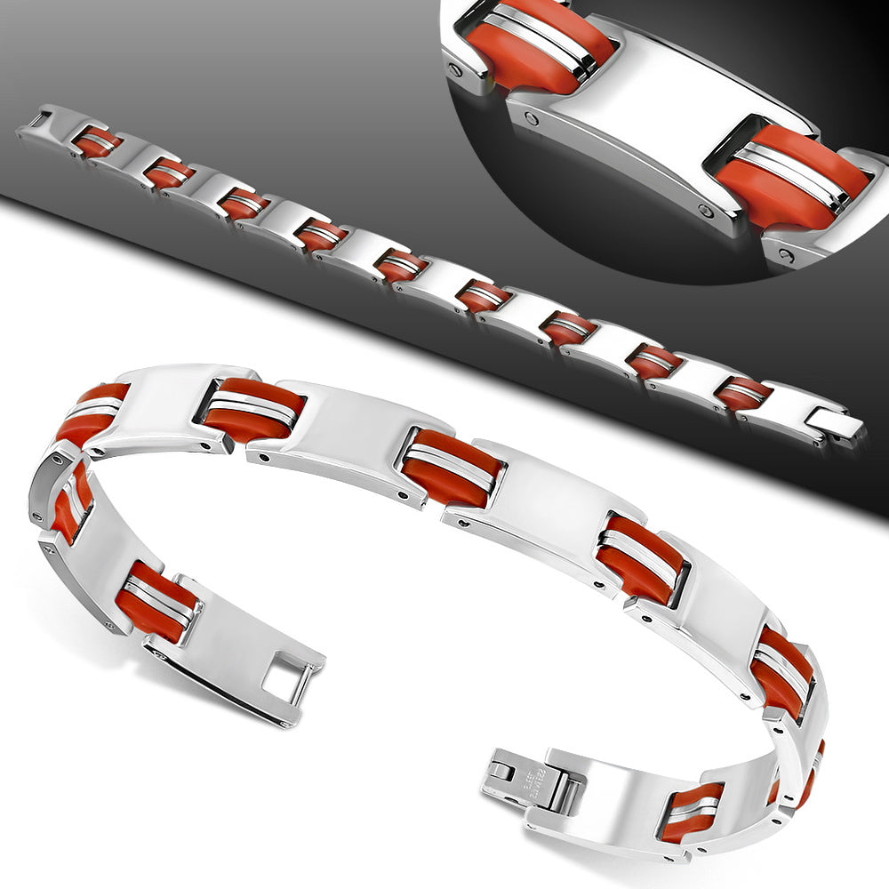 Bracelets Steel - W/ Red Rubber 2-Tone Engravable Panther Link
