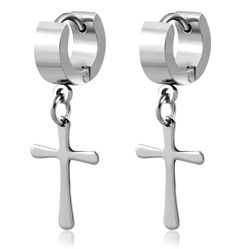 Earrings - Steel Cross Drop Hoop Huggie (Pair)