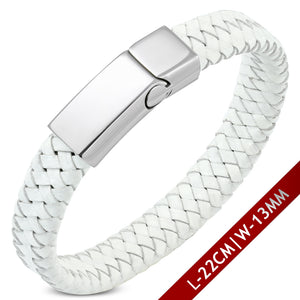 Leather Bracelet - White Braided Leather W/ Stainless Steel Magnetic Slide Clasp Lock
