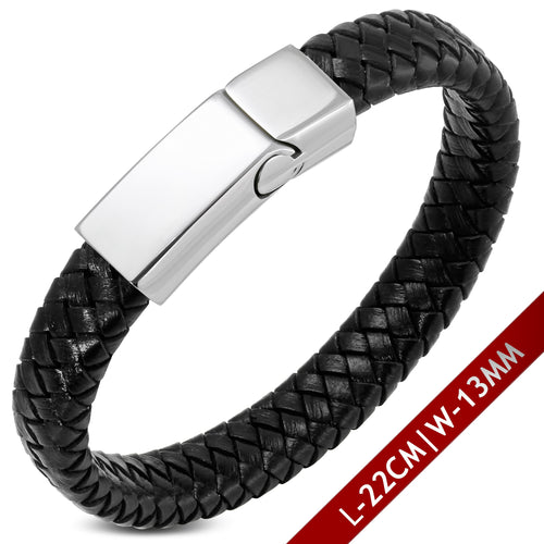 Leather Bracelet -Black Braided Leather W/ Stainless Steel Magnetic Slide Clasp Lock-BGO281
