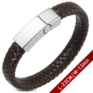 Leather Bracelet - Dark Brown Braided Leather W/ Stainless Steel Magnetic Slide Clasp Lock
