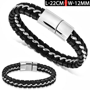 Leather Bracelet - W/ Stainless Steel Magnetic Slide Clasp Lock-BGO579