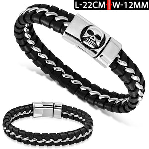 Leather Bracelet W/ Stainless Steel 2-Tone Skull Watch-Style Magnetic Lock