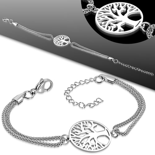 Bracelet Steel Cut-Out Bodhi Tree Circle Watch-Style Extender Chain Mesh
