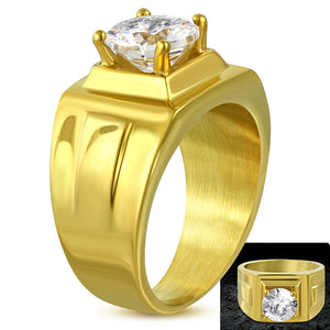Ring Gold Color Plated Surgical Steel Prong Set Round Circle Ring w/ Clear CZ - CRK055