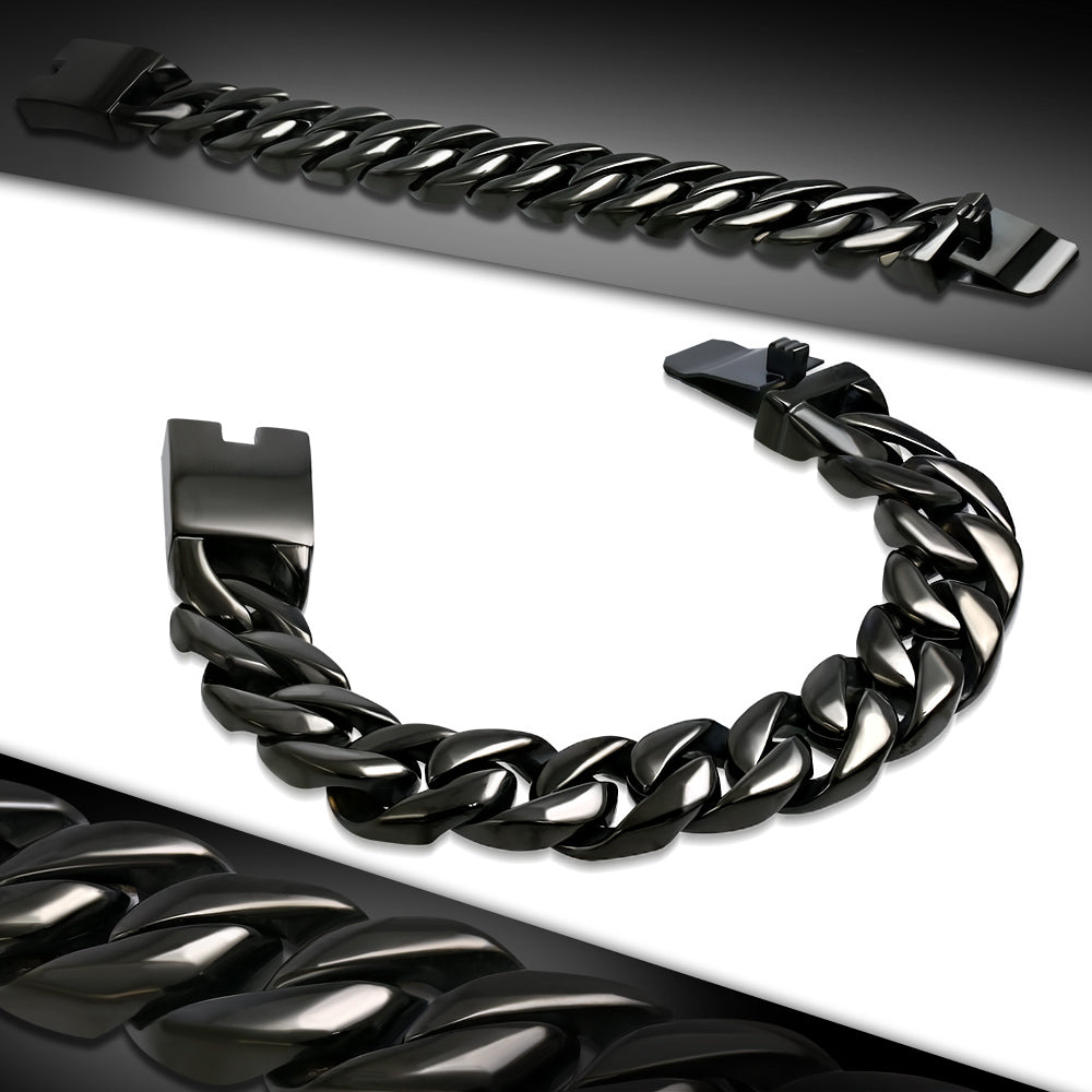 Bracelet -  Huge & Heavy Black Stainless Steel Curb Cuban Link Box Clasp Lock