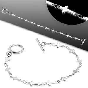 Bracelet - Steel Latin Cross Link Chain Toggle