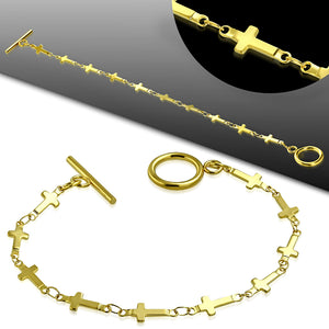 Bracelet - Gold Color Plated Stainless Steel Latin Cross Link Chain Toggle