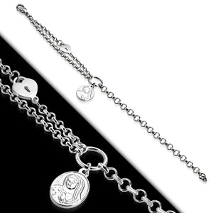 Bracelet - Steel Praying Mary Oval Charm Heart Padlock Link Chain