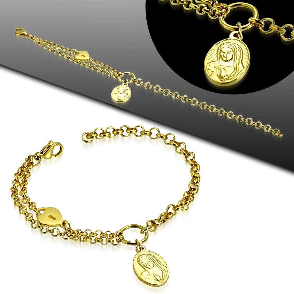 Bracelet - gold Color Plated Stainless Steel Praying Mary Oval Charm Heart Padlock Link Chain