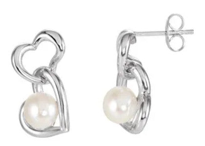 Earrings - Sterling Silver Freshwater Cultured Pearl Double Heart Earrings-Item #: 650113:101:P